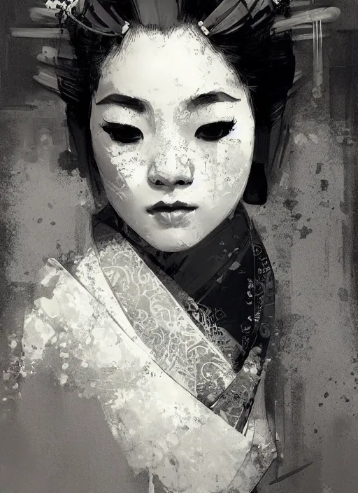 Image similar to female geisha girl, beautiful face, black and white, rule of thirds, intricate outfit, spotlight, by greg rutkowski, by jeremy mann, digital painting