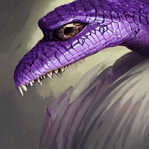 Image similar to a close-up look of a violet snake-head, snake head, two fangs, violet theme, epic fantasy digital art style, fantasy artwork, by Greg Rutkowski, fantasy hearthstone card art style