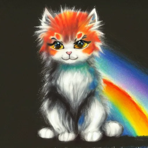 Image similar to wide angle full body, of a fluffy cute rainbow kitten wearing a black leather motorcycle jacket, concept art