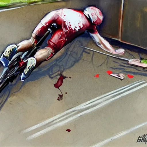 Image similar to Brian Limmond in a bike crash falling of his bike, blood, photorealistic