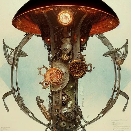 Prompt: concept designs of a mushroom, steampunk blueprint, sci-fi art by alphonse mucha and greg rutkowski, highly detailed, digital painting, concept art, illustration, dim lighting, trending on artstation, very detailed, smooth, sharp focus, octane render