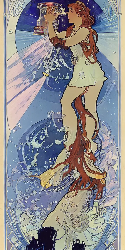 Image similar to a woman wearing outer space as a dress, pouring water from a vase into the milky way, by joe madura, by alphonse mucha, battle chasers.