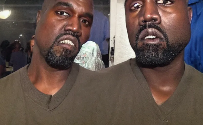 Image similar to my uncle look like Kanye West if he was poor asf lmao, close-up, uncomfortable, funny, phone quality, camera flash on, viral photo, viral on instagram