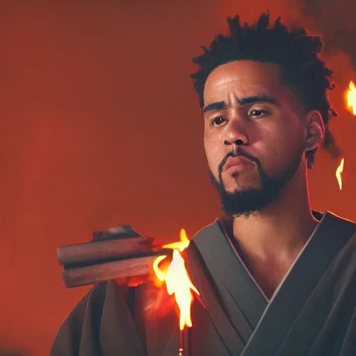 Image similar to cinematic film still of J Cole starring as a Samurai holding fire, Japanese CGI, VFX, 2022, 40mm lens, shallow depth of field,film photography