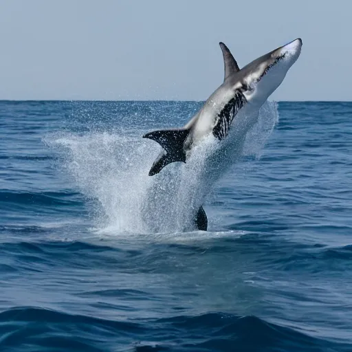 Prompt: action photo of ai - shark jumping from surface of the sea, from nature journal, 1 / 1 0 0 0 sec shutter, action photo