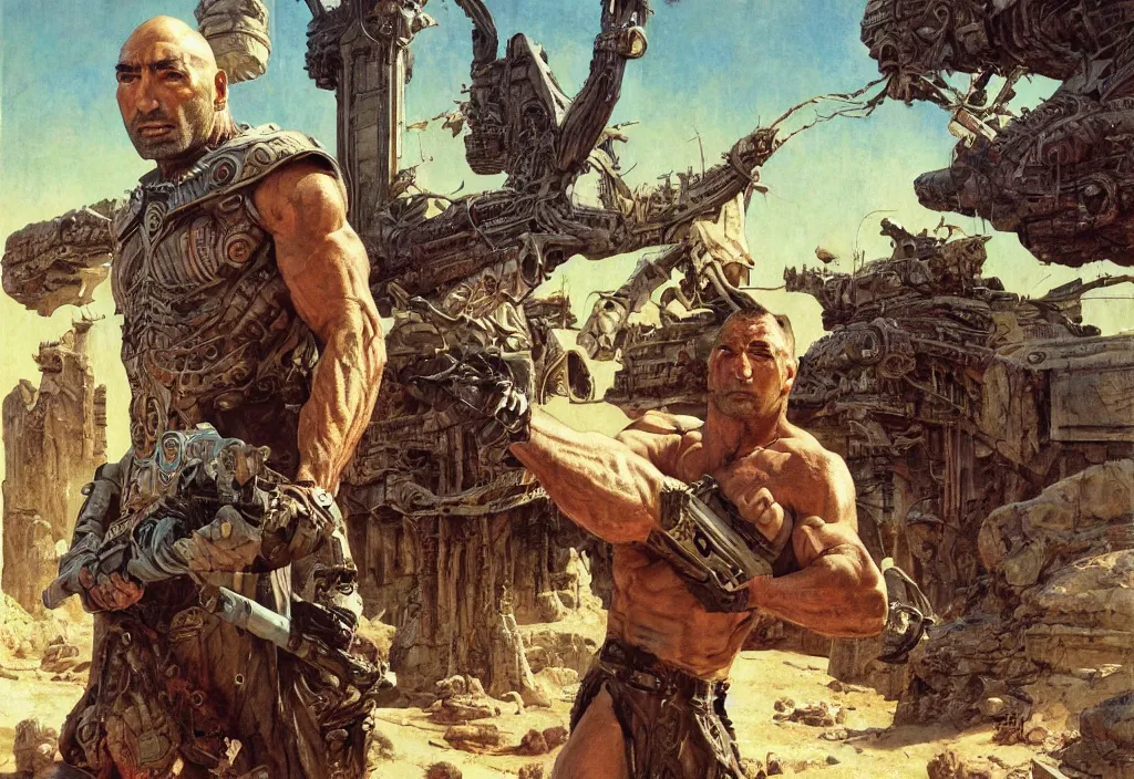 Prompt: older dave bautista as a scfi warrior exploring an alien temple, by norman rockwell and james gurney and tom lovell and boris vallejo