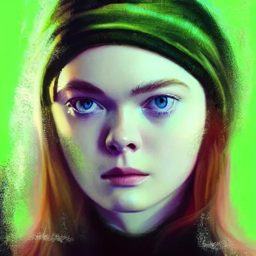 Image similar to ultra realistic portrait painting of elle fanning as a hacker, green glow, art by frank frazetta, 4 k, ultra realistic, highly detailed, epic lighting