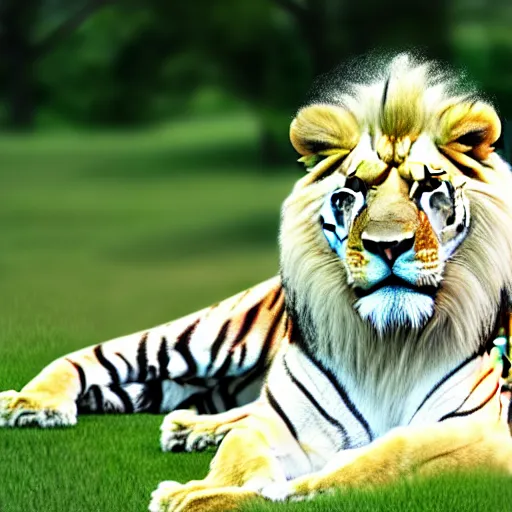 Prompt: a bright white hybrid of a lion and a tiger