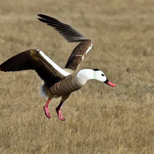 Prompt: goose harpy with beak as it flies in the air