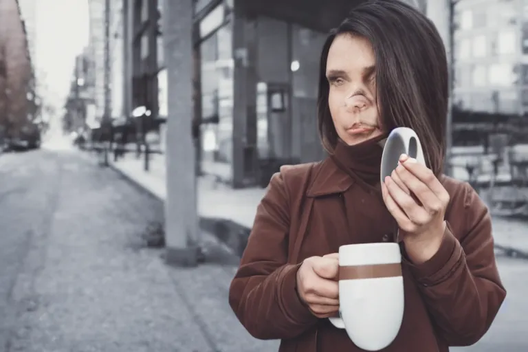 Image similar to Flim still of a woman drinking coffee, walking to work, long shot, wide shot, full shot