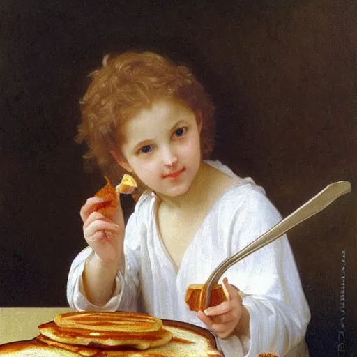 Image similar to an oil painting of an angel inside McDonald's eating pancakes with a fork, by Bouguereau, highly realistic and intricate