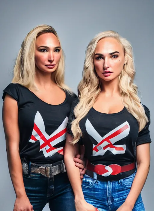 Image similar to portrait of lindsey pelas and gal gadot wearing t shirt in jakarta, by charlotte grimm, natural light, detailed face, beautiful features, symmetrical, canon eos c 3 0 0, ƒ 1. 8, 3 5 mm, 8 k, medium - format print, half body shot