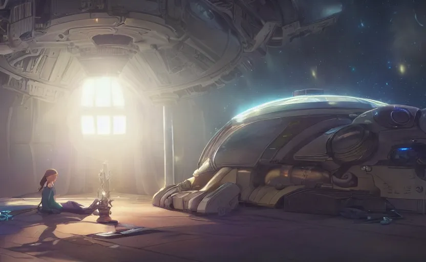 Image similar to an alien space cat doing repairs on her spaceship in a spaceport in a sci - fantasy ghibli animated film, volumetric lighting, octane render by stanley artgerm lau, greg rutkowski, studio ghibli, alphonse mucha, loish, norman rockwel, highly detailed, warm lighting, lens flare