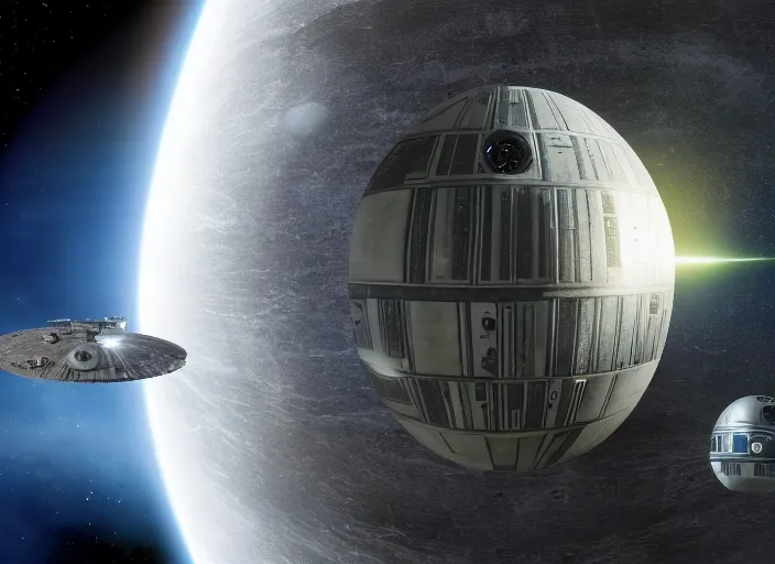 Image similar to film still of the death star hovering above earth, full view, in the new star wars movie, 4 k