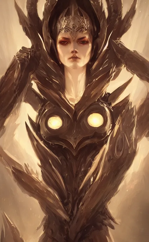 Image similar to female archfiend, flawless symmetrical pretty cute face, greg rutkowski, 8 k, shallow depth of field, intricate detail, concept art,