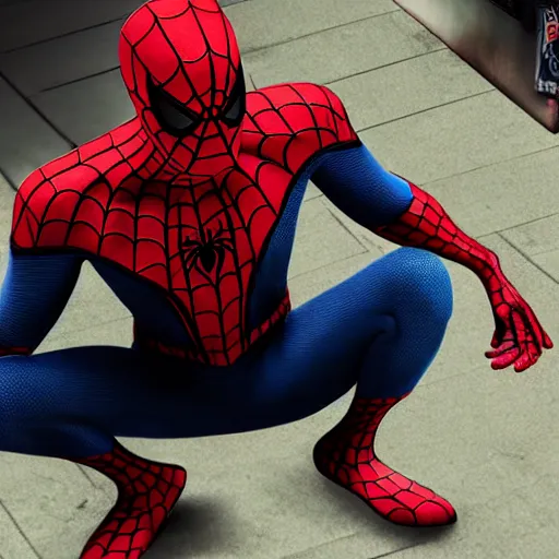 Image similar to the back of the spiderman standing in the streets of a fantastical fantasy city, extremely detailed and photorealistic, 8k