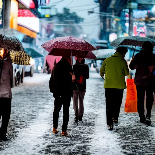 Image similar to photo of people on the snowy Bangkok streets, high details, 70mm