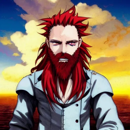 Image similar to male sky-pirate with long red hair and red beard in front of an airship, full metal alchemist, anime style