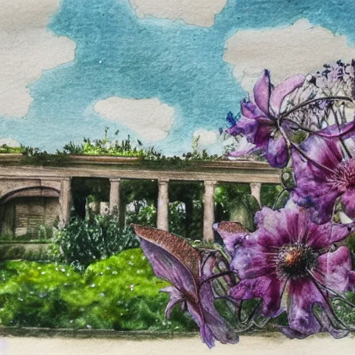 Image similar to delicate marble in a botanic garden, stony, puffy clouds, botanical herbarium paper, watercolor colored painting and pencil, iridescent colors, 8 k, realistic shaded, fine details, artstation, italian, colonnade, vines, flowers, gardena architecture, pompeii