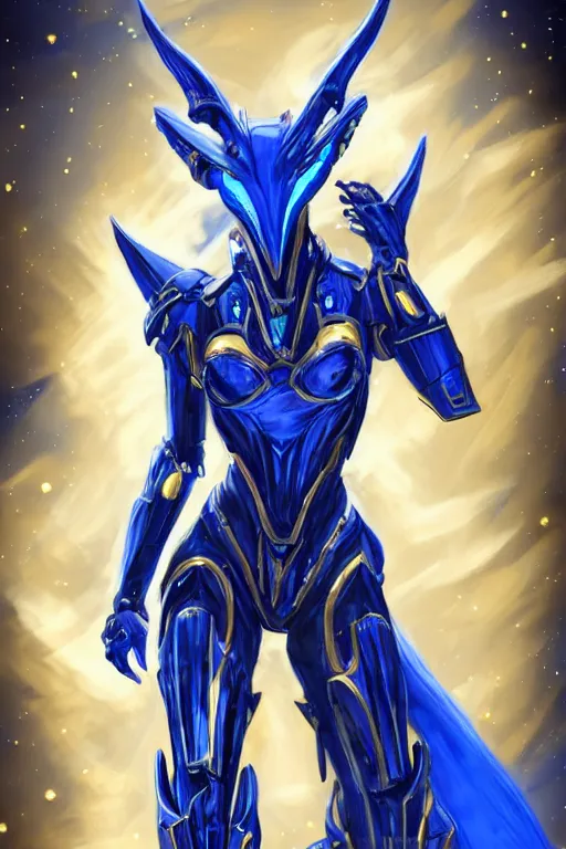 Image similar to intricate high detail elegant beautiful stunning quality cosmic huge goddess giantess hot female warframe anthro mecha female dragon, blue body, sharp metal ears, sleek eyes, smooth blue skin, sleek gold armor, bigger than galaxy, epic proportions, epic scale, epic size, warframe destiny art, furry, dragon art, goddess, giantess, furaffinity, octane