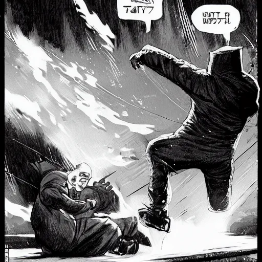 Prompt: a man in a white hoodie fighting a man in a black hoodie, vintage comic, greg rutkowski