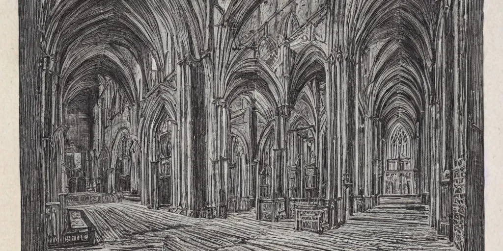 Image similar to scan of book with wood engravings of a large cathedral in the night, scary dark, dark ink, old paper