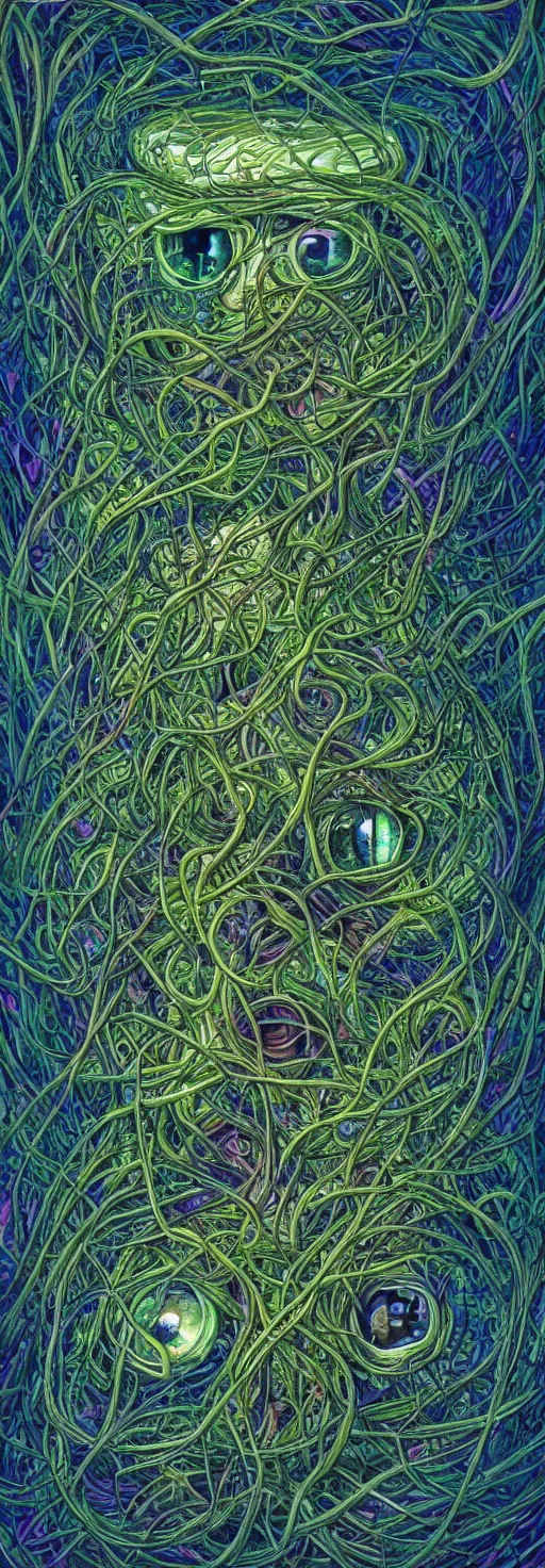 Image similar to many large beautiful eyeballs inside of extremely thick iridescent vines intertwined, central composition, high saturation, epic lighting, in the style of Peter gric and Amanda Sage 8k