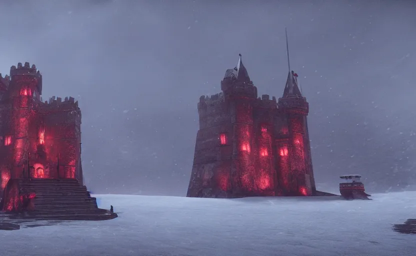 Prompt: Red Castle in Game of Thrones besides the sea in the snowstorm at night, doomy, Unreal Engine, cinematic photography, highly-detailed, games of thrones, HBO, high resolution, 8k, photorealistic, stunning volumetric lighting