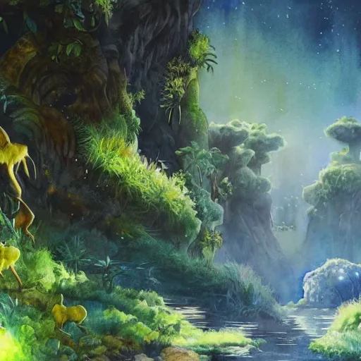 Image similar to beautiful lush natural scene on another planet, with creatures. lightfall. beautiful detailed watercolor. trending on artstation and deviantart.