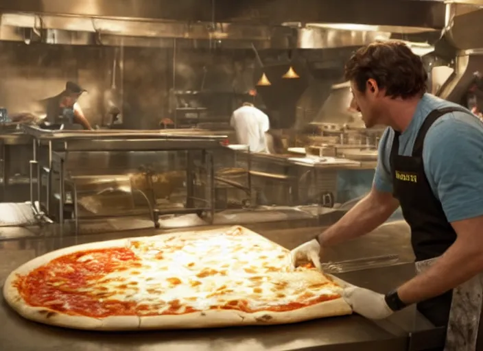 Image similar to film still of a dinosaur working in a pizza parlor making pizza in the new Avengers movie, 4k