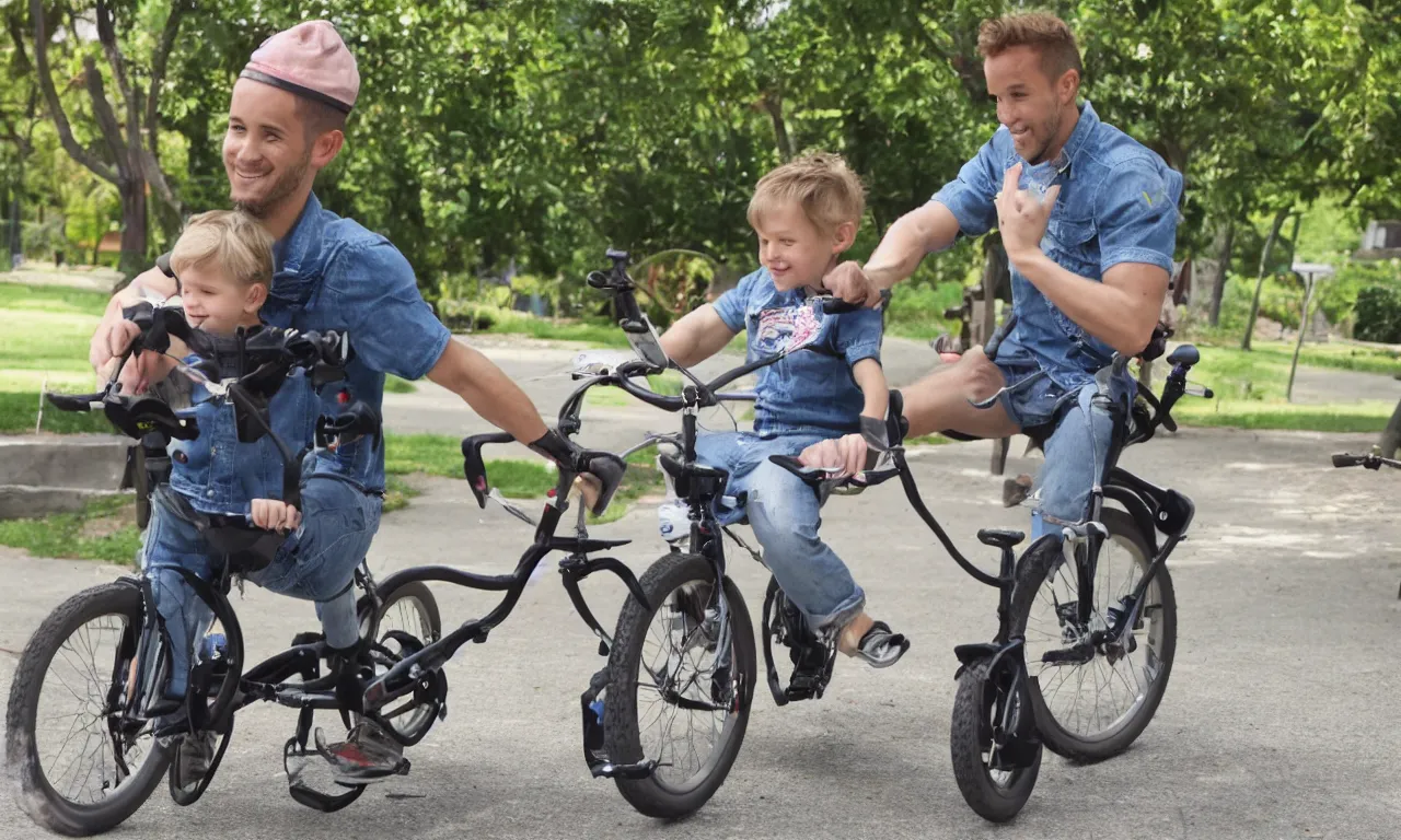 Prompt: ryan renolds playing on a childrens bicycle