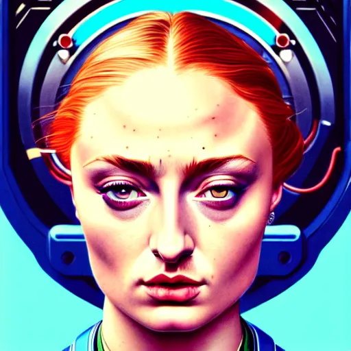 Image similar to high quality high detail portrait of a sophie turner as diesel punk character in an futuristic world, tristan eaton, victo ngai, artgerm, rhads, ross draws, hyperrealism, intricate detailed, alphonse mucha, pastel colors, vintage, artstation,