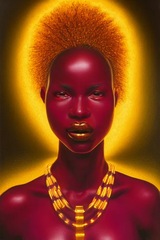 Image similar to detailed portrait of a beautiful African female with face augmentations, strong neon lighting, Afrofuturism, extravagant mechanical gold jewelry, by glenn fabry, hyper realistic, HD, oil on canvas