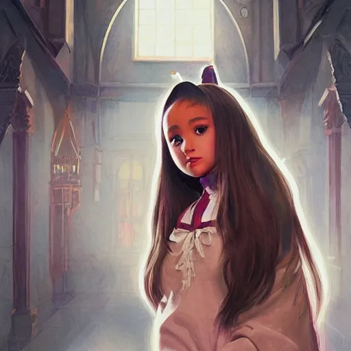 Image similar to painting of ariana grande as a hogwarts student, illustration, artistic, colorful, hyper detailed, in the style of greg rutkowski