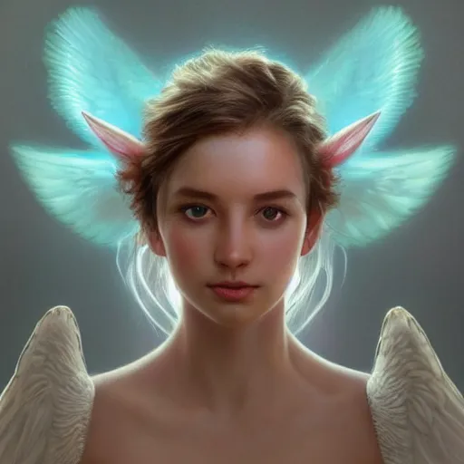 Image similar to Perfectly-centered portrait-photograph of an angel dragon from heaven, lifelike, super highly detailed, professional digital painting, artstation, concept art, Unreal Engine 5, Photorealism, HD quality, 8k resolution, cinema 4d, 3D, beautiful, cinematic, art by artgerm and greg rutkowski and alphonse mucha and loish and WLOP