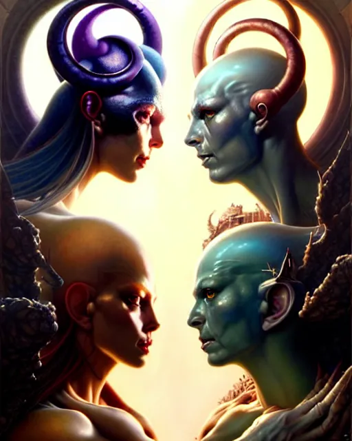 Image similar to beautiful gemini good and evil, happy and sad faces, fantasy character portrait, ultra realistic, wide angle, intricate details, the fifth element artifacts, highly detailed by peter mohrbacher, boris vallejo, hajime sorayama, wayne barlowe, aaron horkey, gaston bussiere, craig mullins