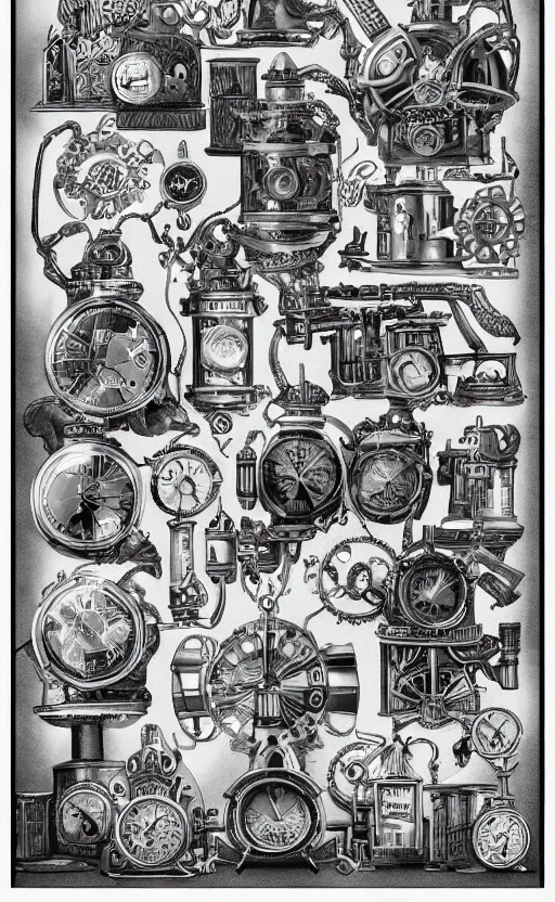 Prompt: black and white lithograph of some mysterious and arcane steampunk objects. editorial composition, fine lines, 4 k, high details