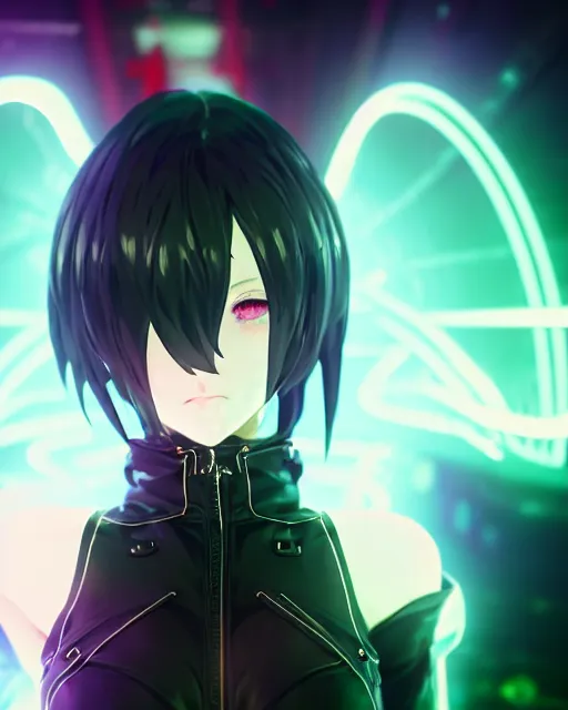 Prompt: beautiful portrait of black rock shooter facing the camera centered in the style of a code vein character, momo from twice in code vein in the style of WLOP, artgerm, yasutomo oka, rendered in unreal engine and redshift octane , background is surrounded by epic neon glitch effect digital art dynamic dramatic lighting, soft lighting, imagine fx, artstation, cgsociety, by Bandai Namco artist,