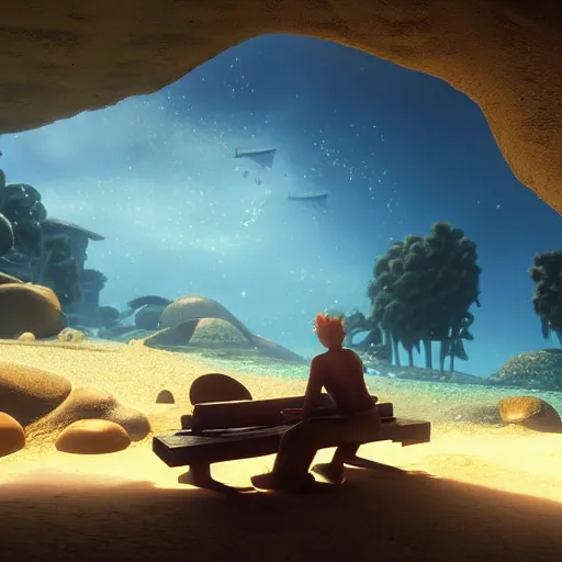 Image similar to patrick with a sad!!! expression slouching on a bench in the bikini bottom, global illumination!!! dim lighting, midnight, cinematic, extremely detailed, beautiful, stunning composition, beautiful light rays, trending on artstation