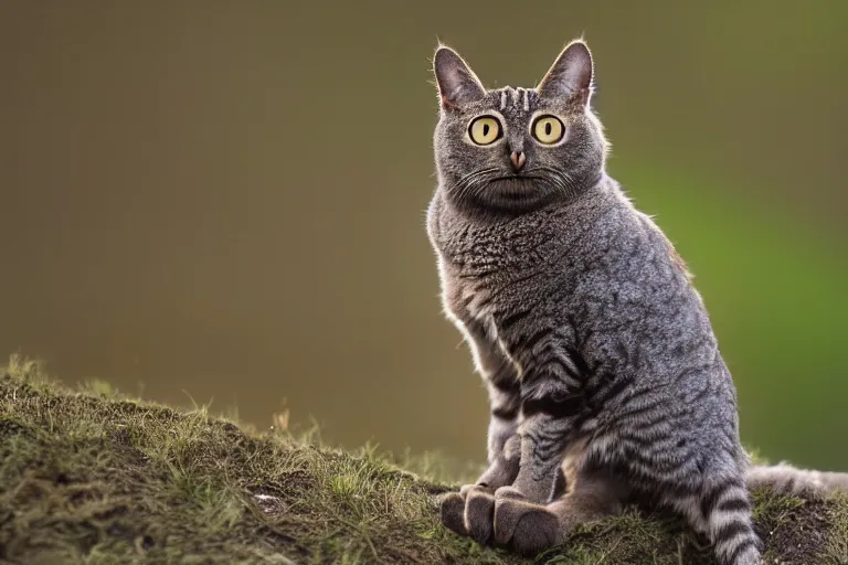 Image similar to a cat owl!!! hybrid! hyper realistic!! realistic lighting!! wildlife photographer of the year!!! bold natural colors, national geographic, hd, wide angle, 8 k