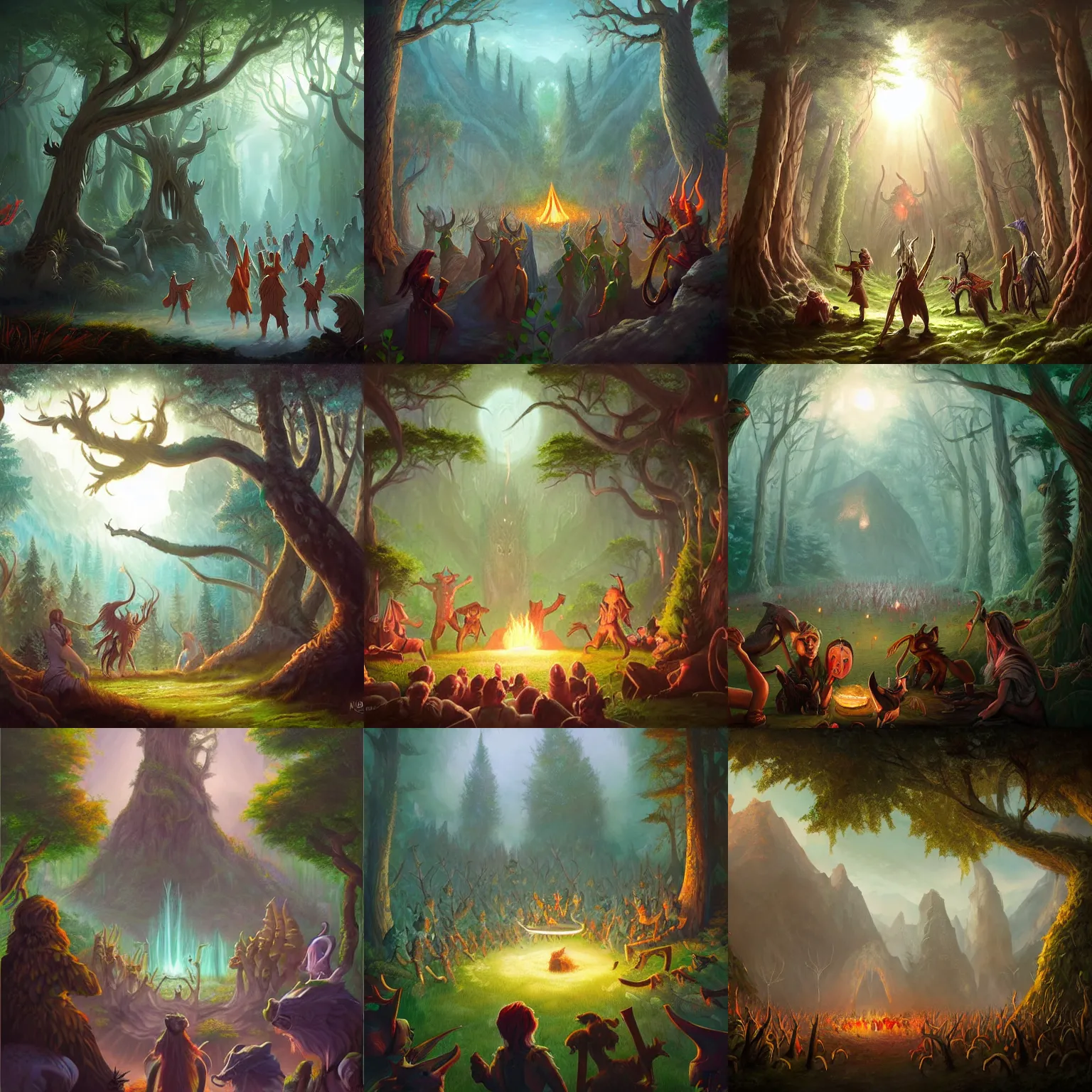 Prompt: party in the forest, every single fantasy creature is invited, DND, fantasy art, by noah bradley