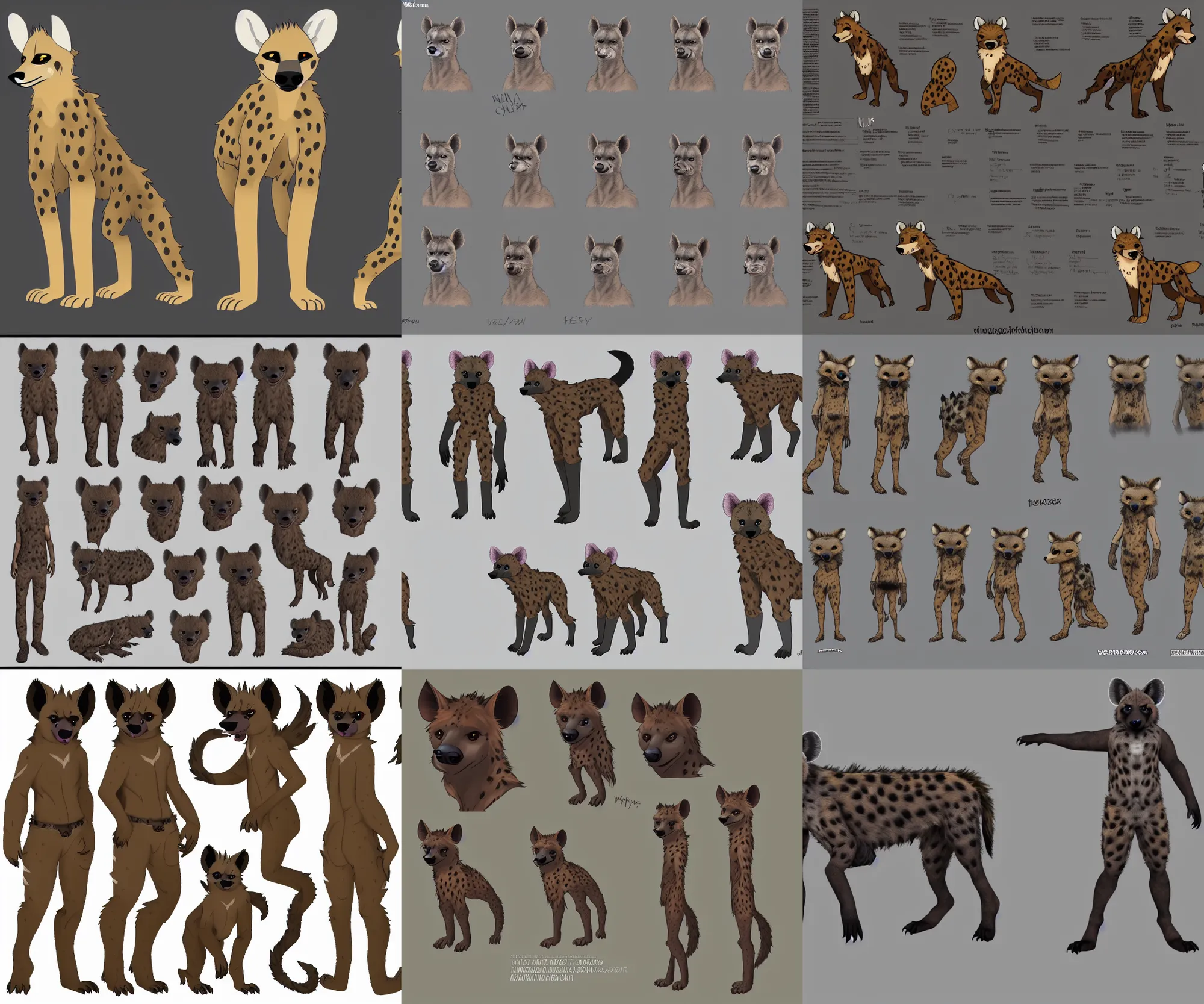 Image similar to a furry hyena fursona reference sheet, high - resolution, trending on weasyl