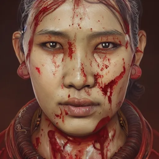 Image similar to portrait painting of a bloodied nepali female butcher, ultra realistic, concept art, intricate details, eerie, highly detailed, photorealistic, octane render, 8 k, unreal engine. art by artgerm and greg rutkowski and alphonse mucha