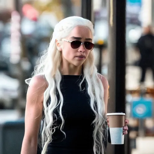 Prompt: a long shot paparazzi photographic of daenerys targaryen walking downtown vancouver, british columbia drinking starbucks, mid day lighting, candid street photography