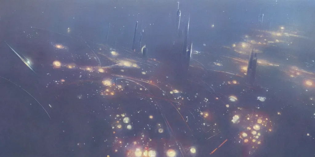 Prompt: a painting of low earth orbit space city by john harris.