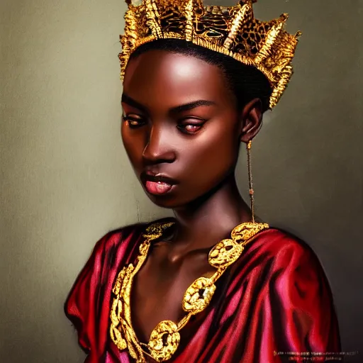 Image similar to A masterpiece portrait of a Incredibly beautiful African girl model in European barocco dress. rich jewelry. In Elizabeth\'s Queen\'s crown. Vogue. trending on artstation, digital art, by Stanley Artgerm Lau, WLOP, Rossdraws, James Jean, Andrei Riabovitchev, Marc Simonetti, Yoshitaka Amano