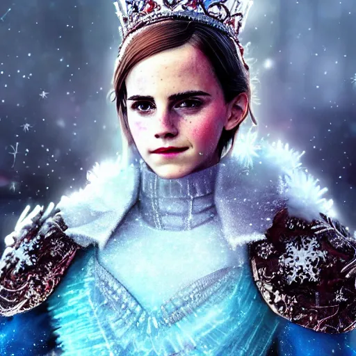 Image similar to portrait shot, emma watson as the queen of ice, ice crystal armor, snow falling, 4 k, digital art, trending on art station, hd, doll, colorful backdrop, film grain, gritty, high res, high detail, 8 k, render