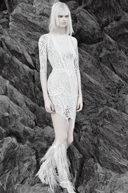 Prompt: antediluvian crystal atlantean hyperborean avant garde fashion lace dress with natural pattern motifs, young white - blonde model, sharp focus, outdoors, godray lighting