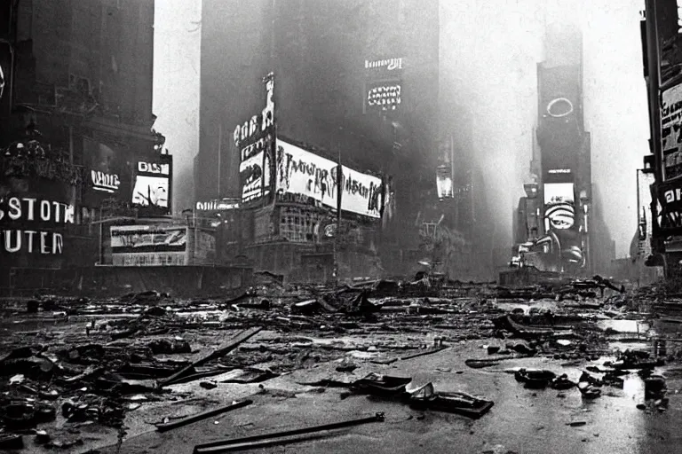 Prompt: dark photo of an destroyed times square after a nuclear attack, thunderstorm, pictorialism, desolate