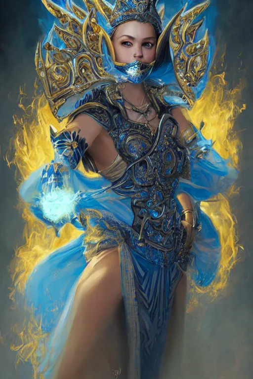 Prompt: beautiful princess with face covered with fire, king sorcerers, ornate, blue and silver, armor, robes, diamonds, angel, fantasy, yellow background beam, dramatic lighting, highly detailed, digital painting, magic the gathering, 3 d render, hyper realistic detailed portrait, peter mohrbacher, wlop, ruan jia